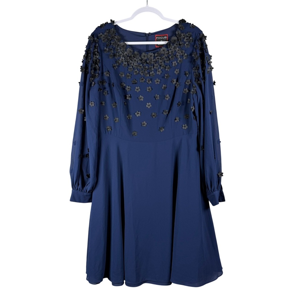 Focus by Shani Womens 14 Dress Navy 3D Floral Applique Chiffon Cocktail Party
